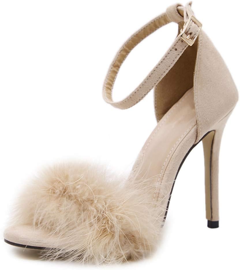 Women's Feather Heels Open Toe Sandal Fluffy Fur High Heel Shoes Ankle Strap Stiletto Pump for Wedding Party Dance Evening