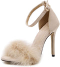 Women's Feather Heels Open Toe Sandal Fluffy Fur High Heel Shoes Ankle Strap Stiletto Pump for Wedding Party Dance Evening