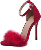 Women's Feather Heels Open Toe Sandal Fluffy Fur High Heel Shoes Ankle Strap Stiletto Pump for Wedding Party Dance Evening