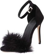 Women's Feather Heels Open Toe Sandal Fluffy Fur High Heel Shoes Ankle Strap Stiletto Pump for Wedding Party Dance Evening
