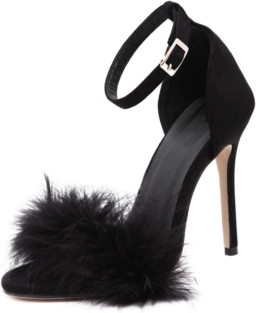 Women's Feather Heels Open Toe Sandal Fluffy Fur High Heel Shoes Ankle Strap Stiletto Pump for Wedding Party Dance Evening