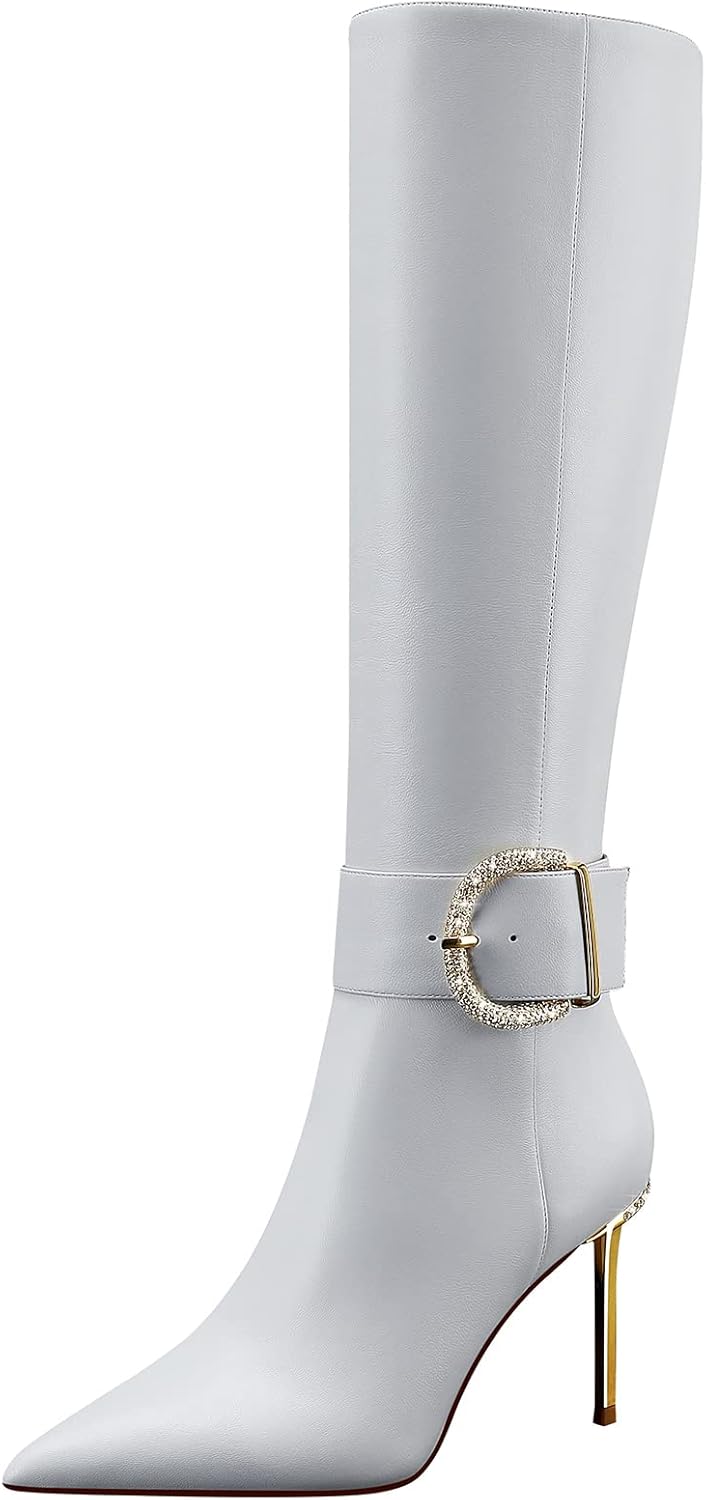 Women High Heels Long Boots,Zip Genuine Leather Knee Boots Sexy Pointed Toe Stiletto,3.35Inch
