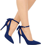 Women's Pointed Toe High Heels Ankle Strap  Pumps Shoes Bow Wedding Bowtie Back Dress Sandals
