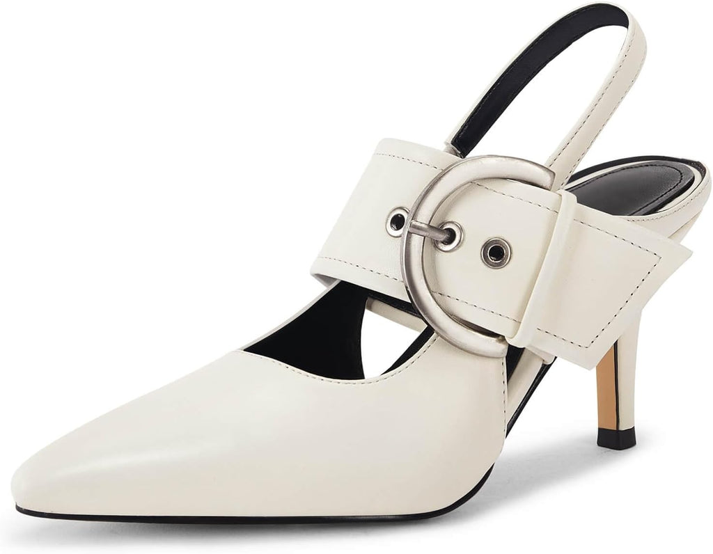 Women's Slingback Pumps Closed Pointed Toe High Heels Belt Buckle Strap Dressy Work Shoes