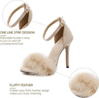 Women's Feather Heels Open Toe Sandal Fluffy Fur High Heel Shoes Ankle Strap Stiletto Pump for Wedding Party Dance Evening