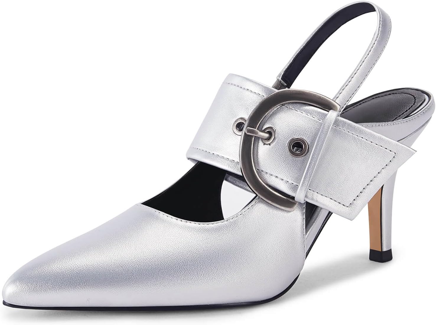 Women's Slingback Pumps Closed Pointed Toe High Heels Belt Buckle Strap Dressy Work Shoes