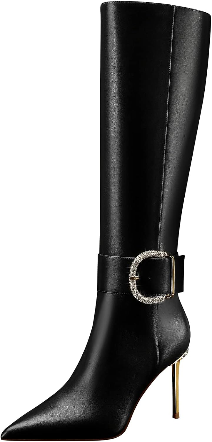 Women High Heels Long Boots,Zip Genuine Leather Knee Boots Sexy Pointed Toe Stiletto,3.35Inch