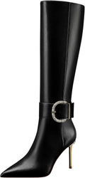 Women High Heels Long Boots,Zip Genuine Leather Knee Boots Sexy Pointed Toe Stiletto,3.35Inch