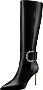 Women High Heels Long Boots,Zip Genuine Leather Knee Boots Sexy Pointed Toe Stiletto,3.35Inch