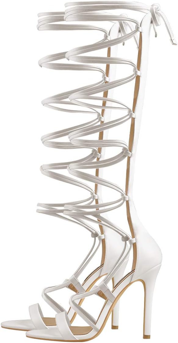 Women's Gladiator Knee High Sandals Open Toe Lace Up Criss Cross Strappy Stiletto Heels