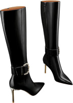 Women High Heels Long Boots,Zip Genuine Leather Knee Boots Sexy Pointed Toe Stiletto,3.35Inch
