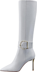 Women High Heels Long Boots,Zip Genuine Leather Knee Boots Sexy Pointed Toe Stiletto,3.35Inch