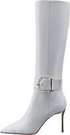 Women High Heels Long Boots,Zip Genuine Leather Knee Boots Sexy Pointed Toe Stiletto,3.35Inch