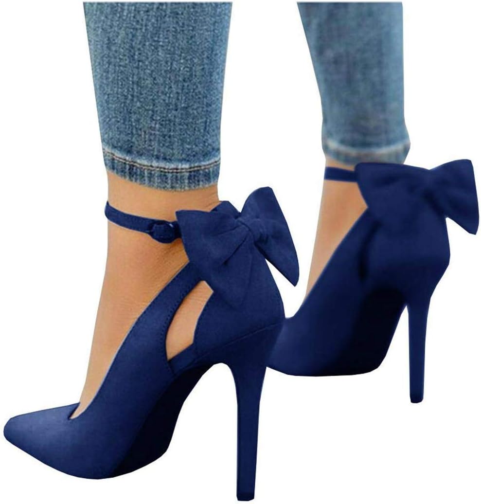 Women's Pointed Toe High Heels Ankle Strap  Pumps Shoes Bow Wedding Bowtie Back Dress Sandals