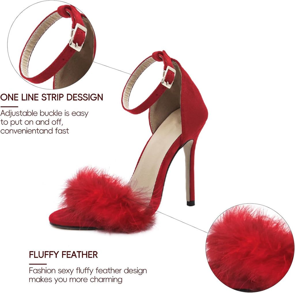 Women's Feather Heels Open Toe Sandal Fluffy Fur High Heel Shoes Ankle Strap Stiletto Pump for Wedding Party Dance Evening