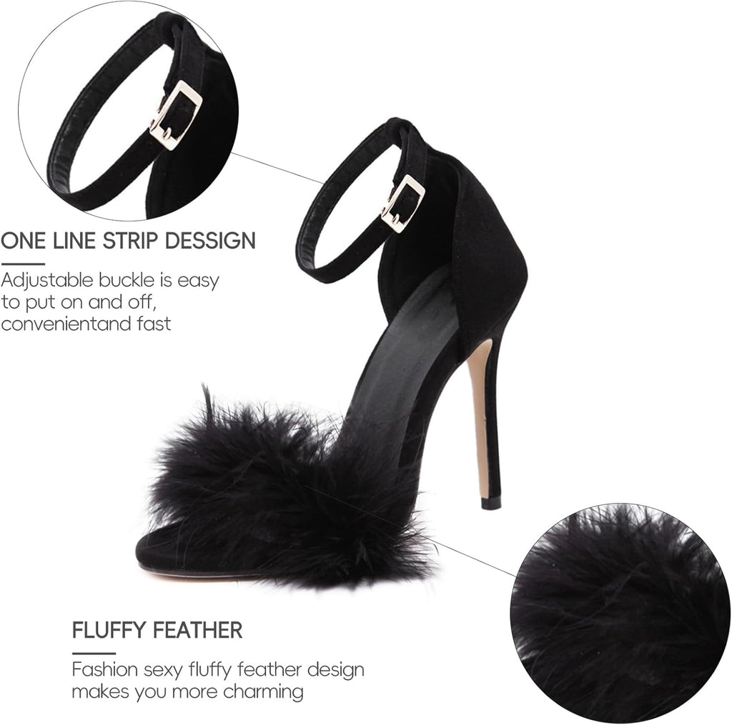 Women's Feather Heels Open Toe Sandal Fluffy Fur High Heel Shoes Ankle Strap Stiletto Pump for Wedding Party Dance Evening