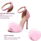 Women's Feather Heels Open Toe Sandal Fluffy Fur High Heel Shoes Ankle Strap Stiletto Pump for Wedding Party Dance Evening