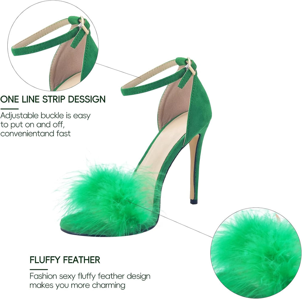 Women's Feather Heels Open Toe Sandal Fluffy Fur High Heel Shoes Ankle Strap Stiletto Pump for Wedding Party Dance Evening
