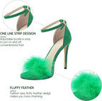 Women's Feather Heels Open Toe Sandal Fluffy Fur High Heel Shoes Ankle Strap Stiletto Pump for Wedding Party Dance Evening