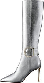 Women High Heels Long Boots,Zip Genuine Leather Knee Boots Sexy Pointed Toe Stiletto,3.35Inch