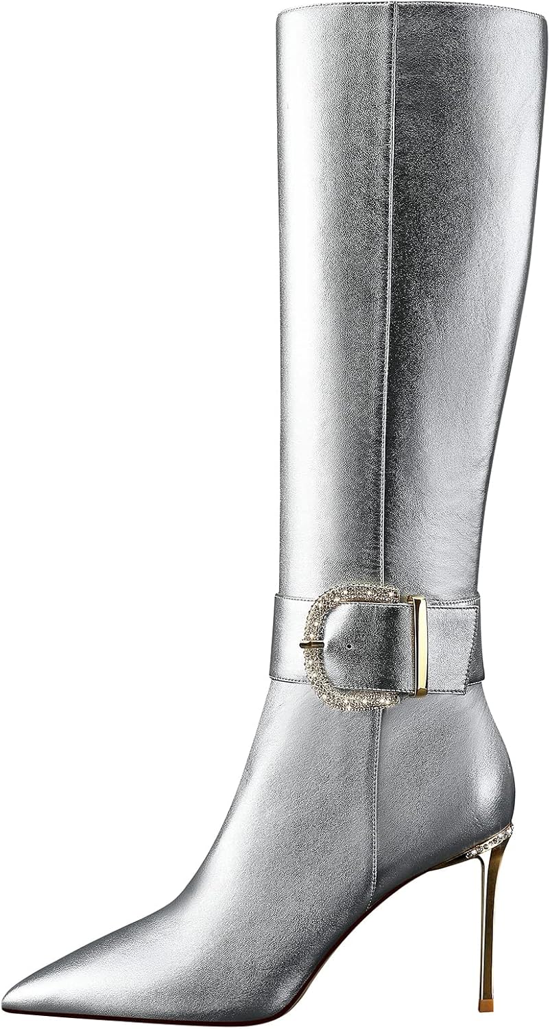 Women High Heels Long Boots,Zip Genuine Leather Knee Boots Sexy Pointed Toe Stiletto,3.35Inch