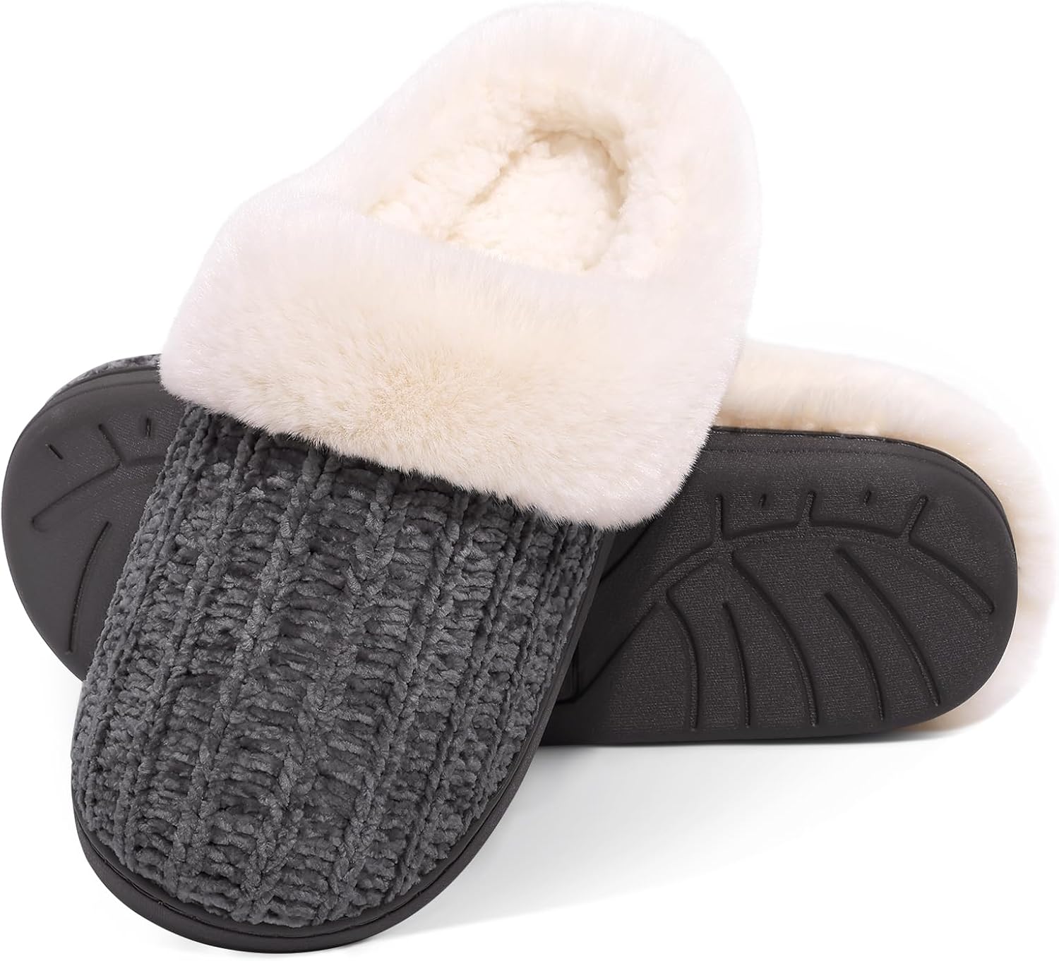 Warm Knit House Slippers for Women Comfy Fleece Lined Chenille Slippers with Memory Foam and Indoor Outdoor Soles