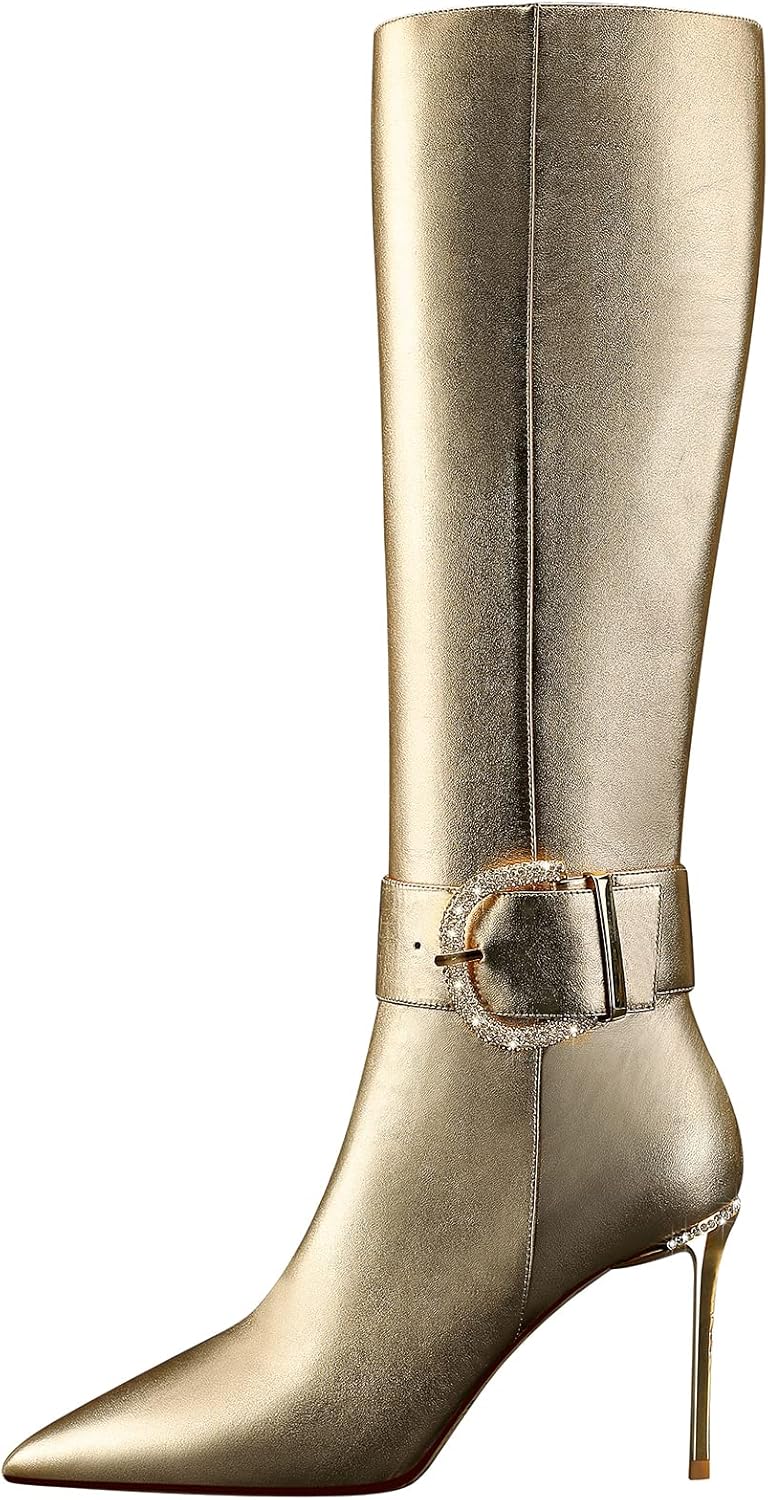 Women High Heels Long Boots,Zip Genuine Leather Knee Boots Sexy Pointed Toe Stiletto,3.35Inch