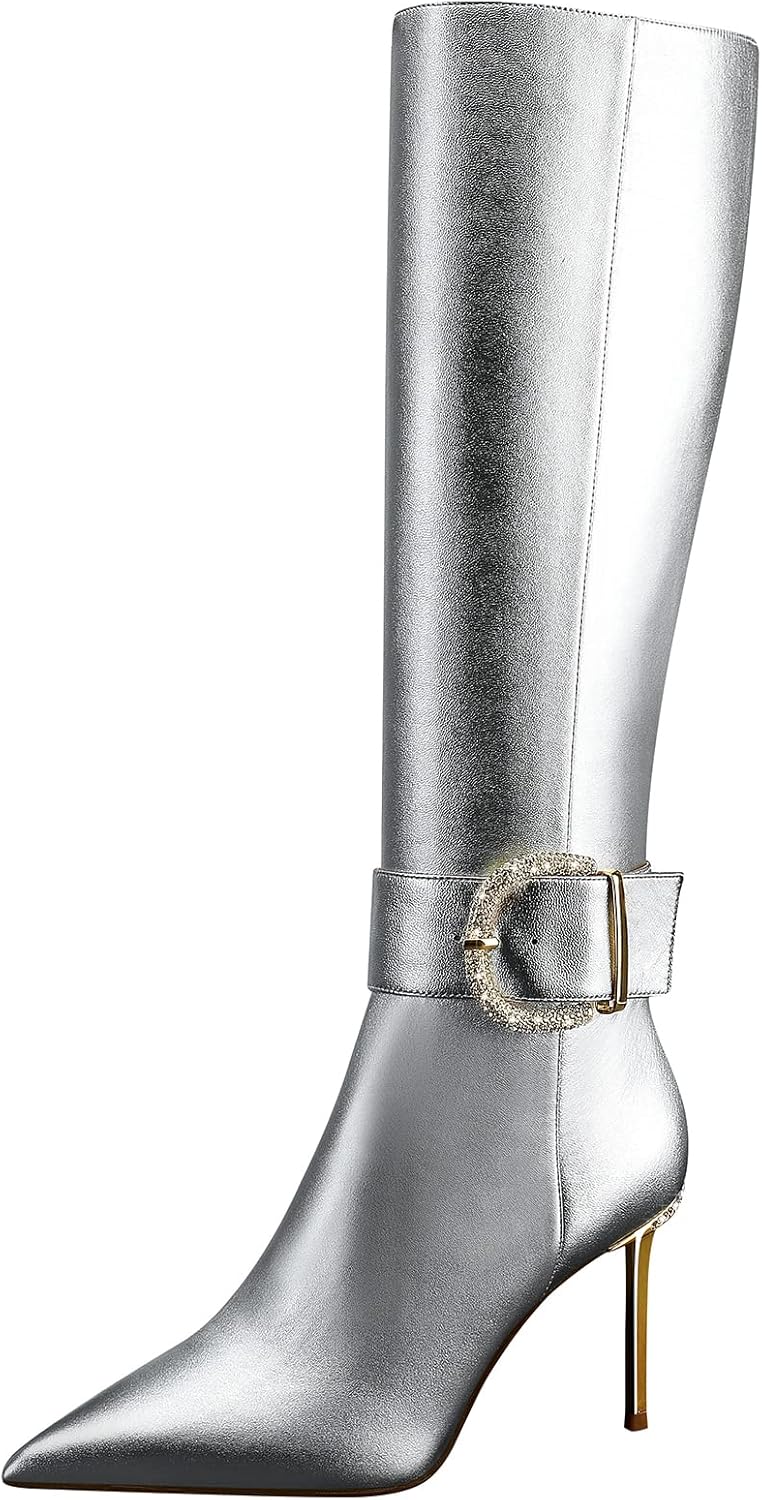 Women High Heels Long Boots,Zip Genuine Leather Knee Boots Sexy Pointed Toe Stiletto,3.35Inch