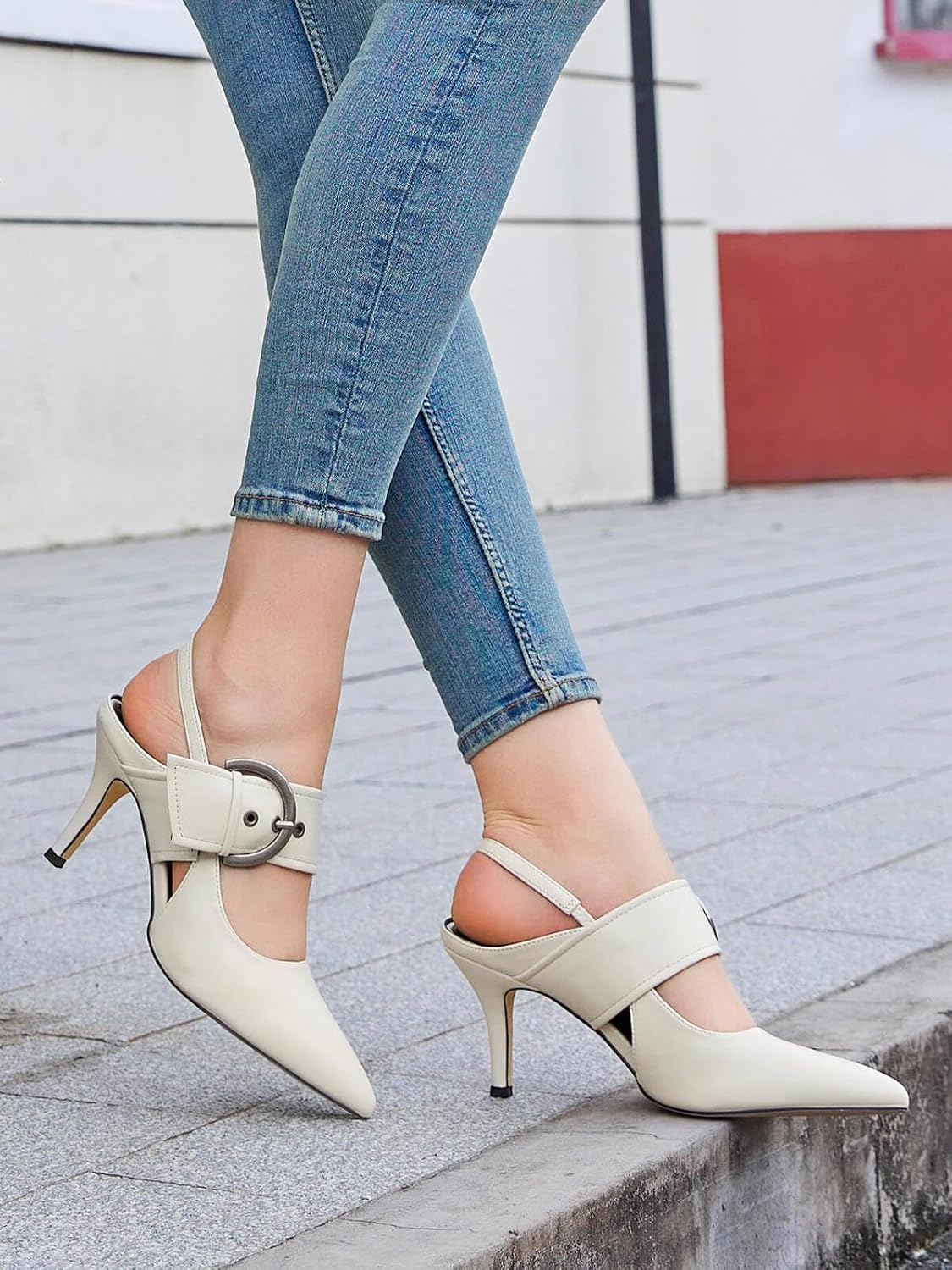 Women's Slingback Pumps Closed Pointed Toe High Heels Belt Buckle Strap Dressy Work Shoes