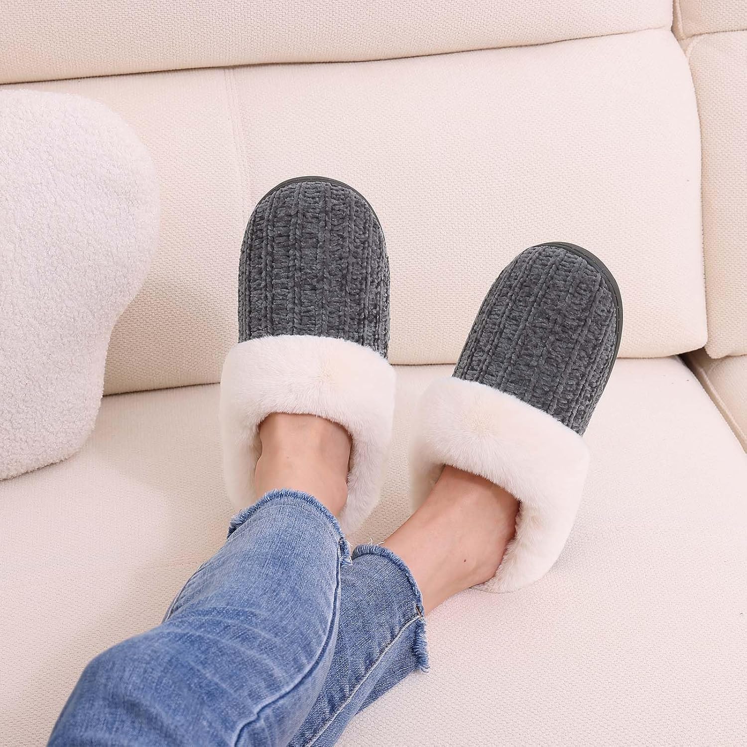 Warm Knit House Slippers for Women Comfy Fleece Lined Chenille Slippers with Memory Foam and Indoor Outdoor Soles