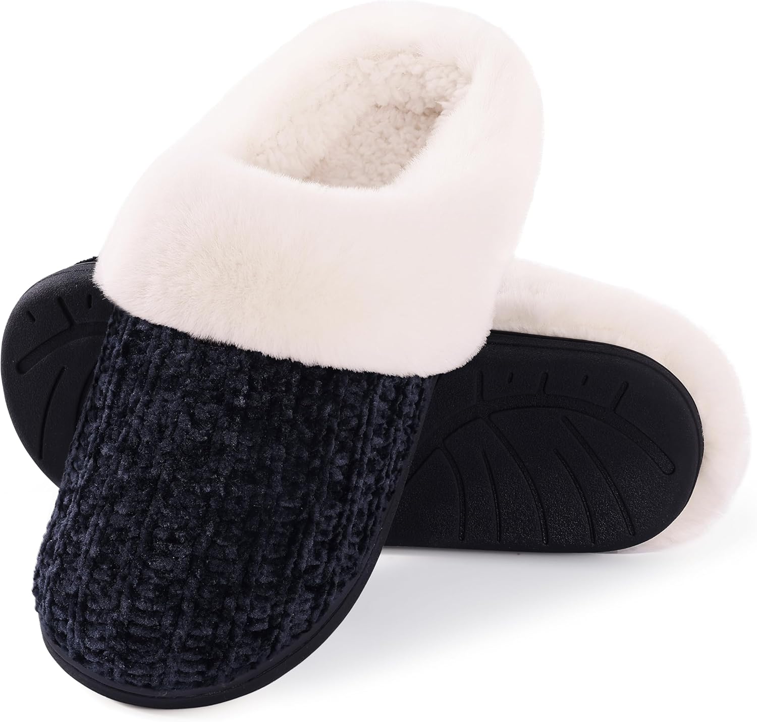 Warm Knit House Slippers for Women Comfy Fleece Lined Chenille Slippers with Memory Foam and Indoor Outdoor Soles