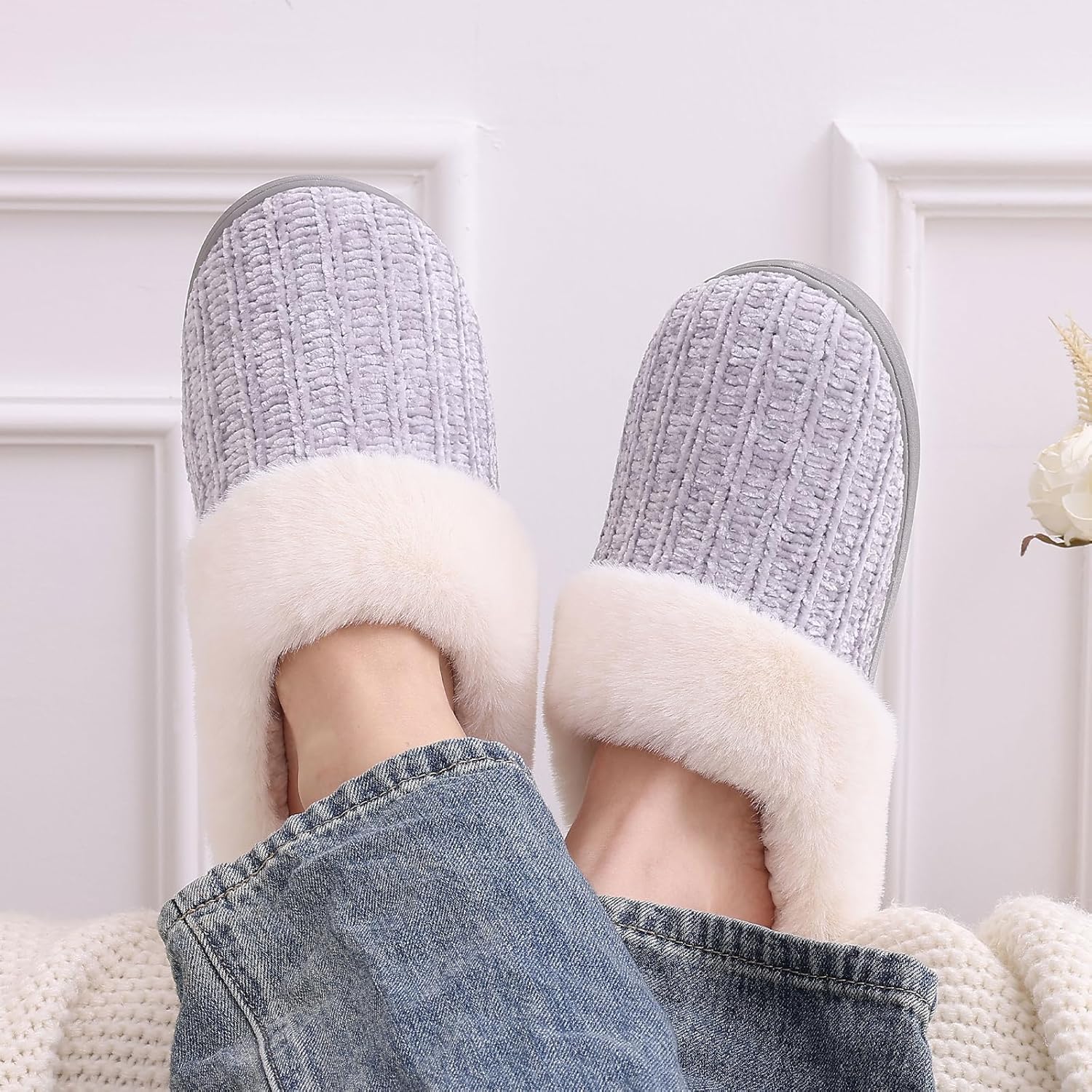 Warm Knit House Slippers for Women Comfy Fleece Lined Chenille Slippers with Memory Foam and Indoor Outdoor Soles