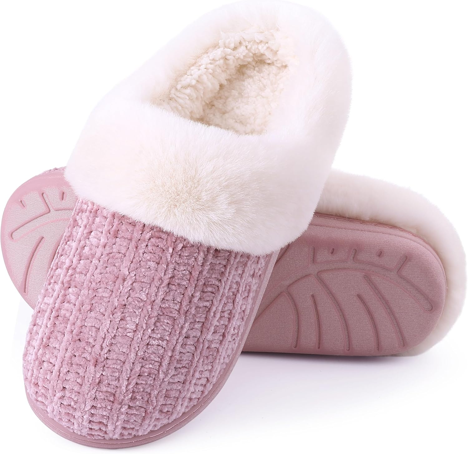 Warm Knit House Slippers for Women Comfy Fleece Lined Chenille Slippers with Memory Foam and Indoor Outdoor Soles