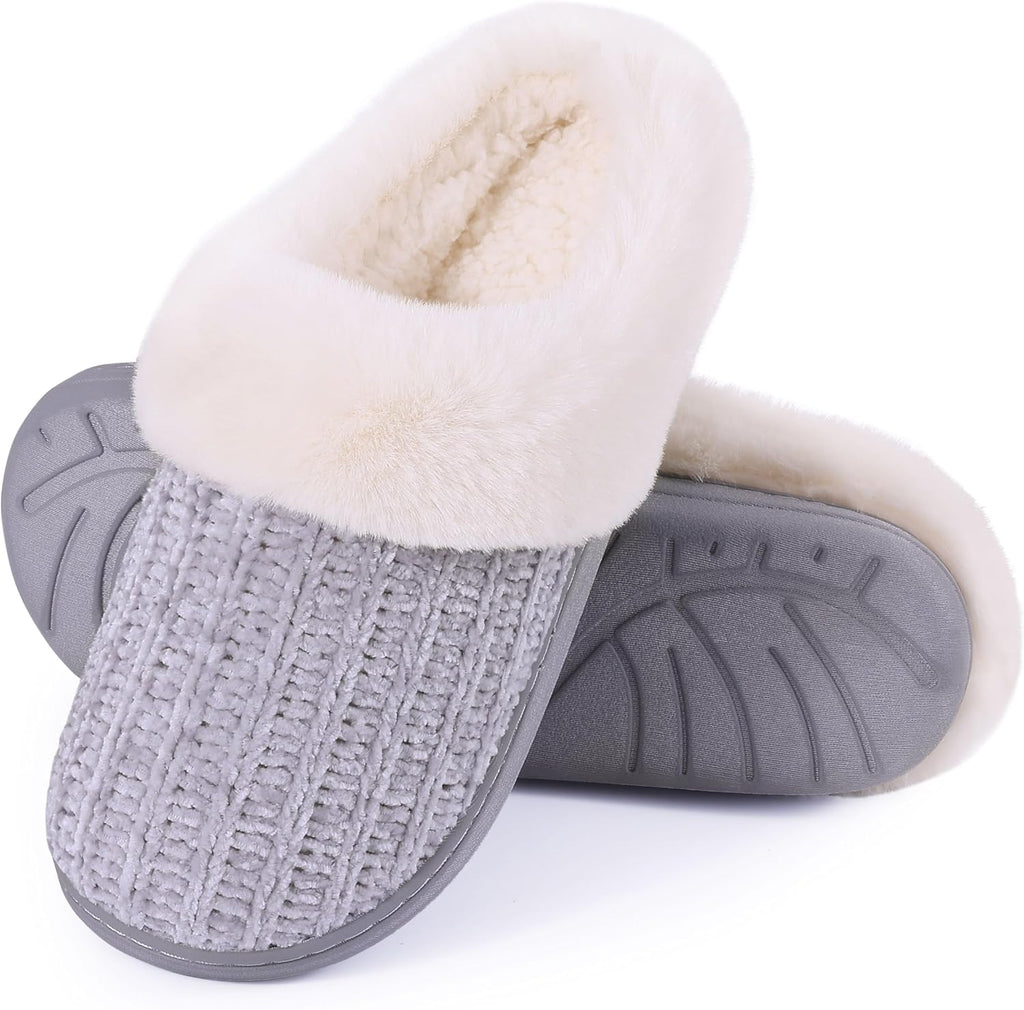 Warm Knit House Slippers for Women Comfy Fleece Lined Chenille Slippers with Memory Foam and Indoor Outdoor Soles